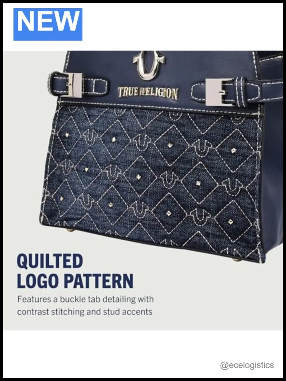 Quilted Denim Tote Bag with Studded Accents and Detachable Strap